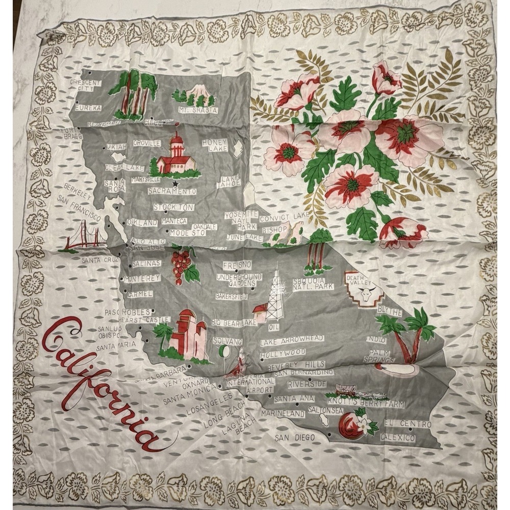 Vintage 1940 1950s MCM California Souvenir Scarf Silk Blend Japan